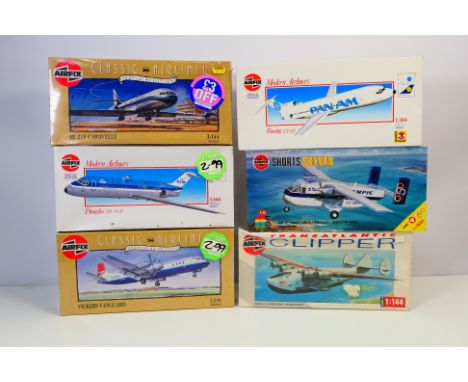 Airfix - Six boxed plastic commercial aircraft model kits in 1:144 and 1:72 scales from Airfix, including #03182 Special edit