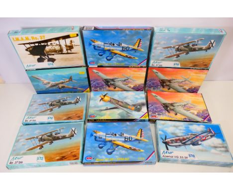 MPM - Azur - 12 boxed plastic military aircraft model kits in 1:72 scale. Lot includes MPM #72084 Ryan PT-20 / STM-S2; Azur #