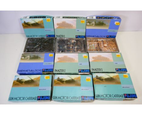 Fujimi - Nine boxed 1:76 scale plastic military model kits. Lot includes #38027 Panzer I; #38034 Hanomag Sdkfz 250/10; #38043