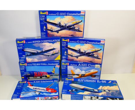 Revell - Seven boxed Revell plastic commercial aircraft model kits in 1:144 scale. Lot includes #04013 Ilyushin IL-86; #04240