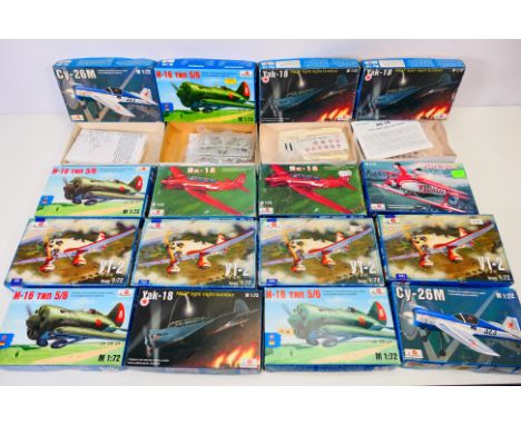 Amodel - 16 boxed 1:72 scale plastic aircraft model kits from Amodel. Lot includes #7213 Cy-"6M; #7230 Yak-18 Light Night Bom