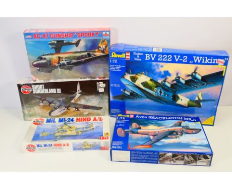 Revell - Airfix - Esci - Five boxed plastic military aircraft model kits in 1:72 scale. Lot includes Revell #04388 Blohm & Vo