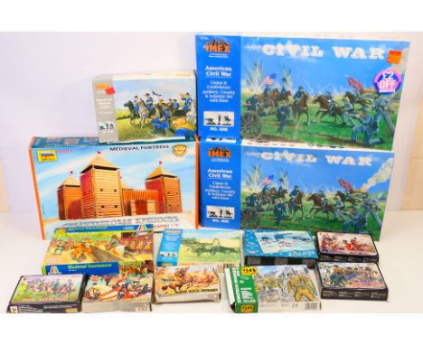 IMEX - Zvezda - A group of 1:72 scale military figure and model kits. Lot includes Zvzeda #8501 Medieval Fortress; Imex #605 