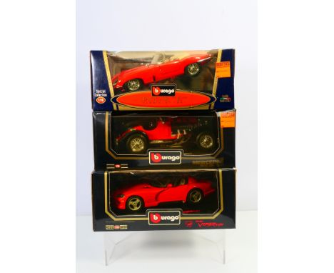 Bburago - Three boxed 1:18 scale diecast model cars, consisting of Bburago #3009 Mercedes Benz SSK (1928); #3025 Dodge Viper 