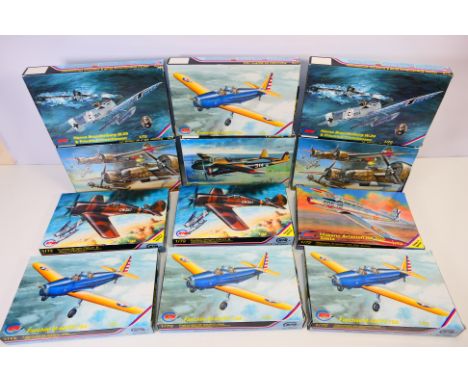 MPM - 12 boxed plastic military aircraft model kits in 1:72 scale from MPM. Lot includes MPM #72058 Hansa Brandenburg W29 & F