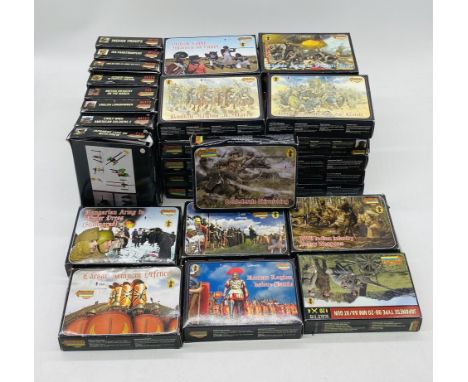 A collection of boxed Strelets R Mini plastic model kits including Indian Troops, IGA Paratroopers. Russian Army in Winter Dr