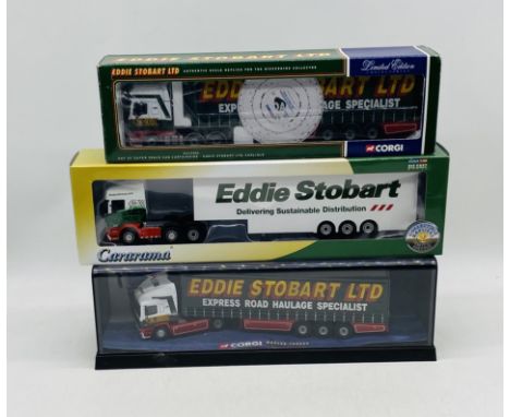 Three boxed Eddie Stobart die-cast model lorries including a Corgi Modern Trucks ERF Curtainside (75201), Oxford Cararama Col