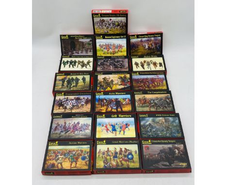 A collection of boxed Caesar Miniatures military model figurine sets including WW2 Chinese Army, Persian Warriors, Aztec Warr