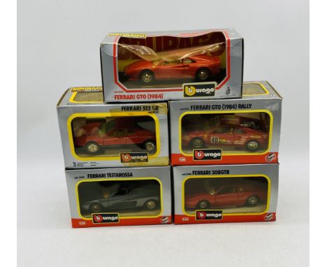 A collection of five boxed Burago die-cast Ferrari cars including Ferrari 512 BB, Ferrari GTO (1984) Rally, Ferrari Testaross