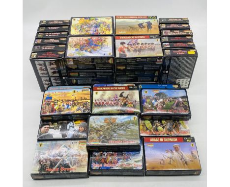 A collection of boxed Strelets R Mini plastic model kits including 118 French Hussars in Egypt, Highlanders on the March, Nor