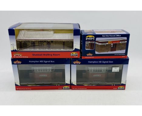 Four boxed Bachmann Branch-Line OO gauge scale model buildings including two Hampton Hill Signal Boxes (44-010), Bluebell Wai