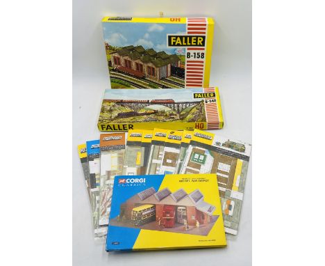 Two boxed Faller HO gauge structures including a double engine shed (B-158) and railway bridge (B548), along with nine unopen