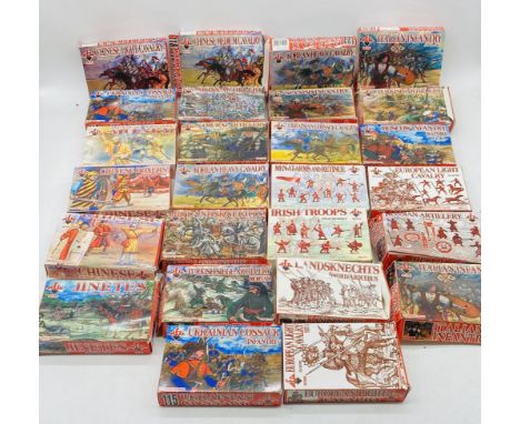 A collection of boxed Red Box military plastic model figurine sets including Swiss Artillery, Ukrainian Cossack Cavalry, Chin