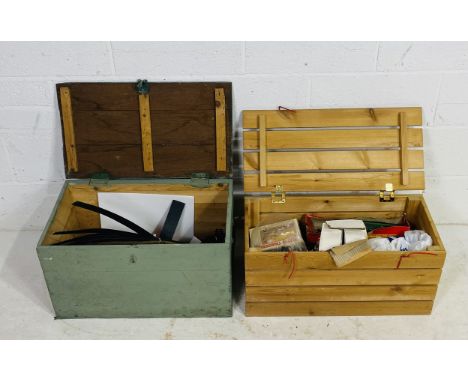 Two wooden trunks of model railway accessories and scenery including Metcalfe ready cut buildings, controller, paint, selecti