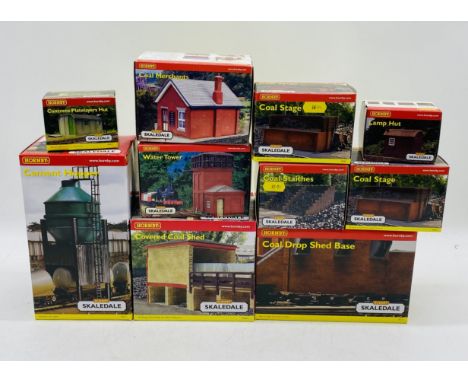 A collection of ten boxed Hornby Skaledale OO gauge buildings and accessories including Cement Hopper (R8711), Coal Merchants