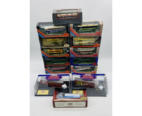 A collection of boxed die-cast buses and lorries including Gilbow Exclusive First Editions buses, two Oxford Haulage Company 