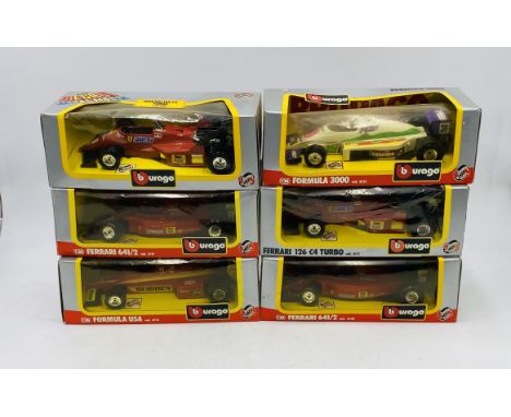 A collection of six boxed Burago die-cast Ferrari F1 racing cars including Formula USA, Formula 3000, two Ferrari 126 C4 Turb