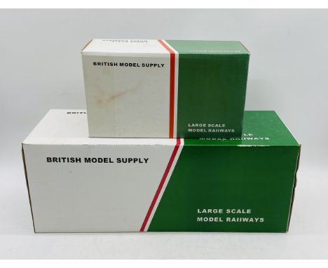 Two boxed British Model Supply (BMS) G Scale rolling stock wagons including a L&B Bogie Goods Brake Van (R19-9A) and L&B Open