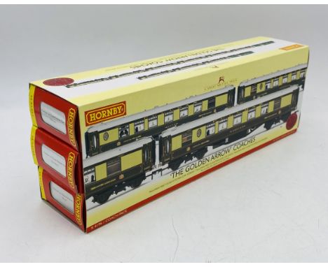 A boxed Hornby OO gauge "The Golden Arrow" Coaches triple Pullman coach pack (R4196) including first class kitchen car "Adria
