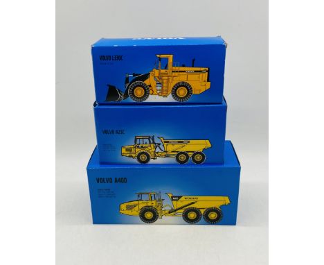 Three boxed Volvo construction die-cast vehicles including A40D, L330C & A25C (All 1:50 Scale)