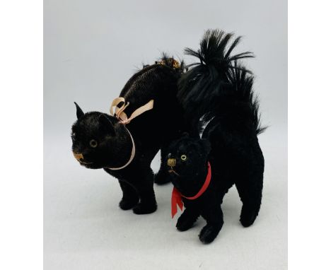 Two mohair black cats with arched backs, possible Steiff, one tail A/F