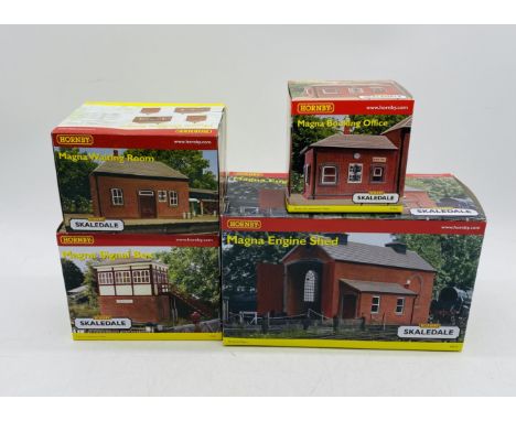 Four boxed Hornby Skaledale OO gauge buildings relating to Magna including the Engine Shed (R9532), Signal Box (R9504), Booki
