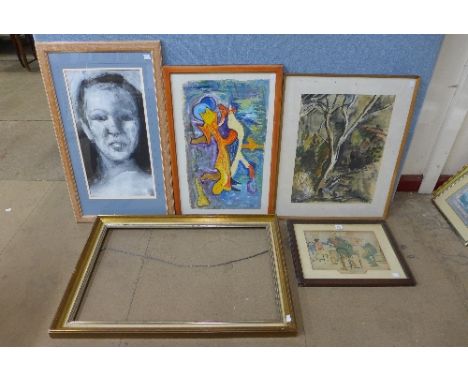 A 19th Century Pears print, Margaret Dickinson, Decision, Decision, oil on paper, an Australian watercolour, etc.