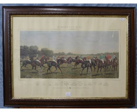 A horse racing print, Turf Favourites 1887, 48 x 69cms, framed