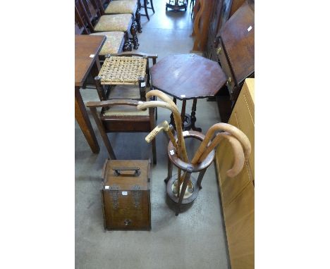 A Victorian beech coal scuttle, Victorian walnut gypsy table, stick stand and sticks, etc. (5)