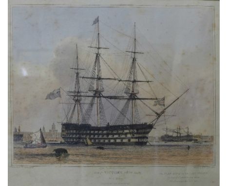 A 19th Century print of HMS Victory Fist Rate At Portsmouth Harbour, 25 x 27cms, framed