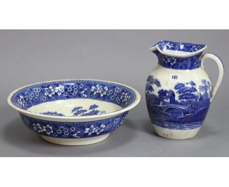 A Copeland blue &amp; white “Spodes Tower” toilet jug &amp; basin (chips to basin); &amp; another toilet jug.