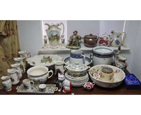 A toilet jug &amp; basin with cottage scene decoration; a floral decorated chamber pot; &amp; various other items of decorati