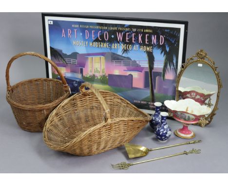 Two wicker baskets; a large coloured print; &amp; sundry other items.