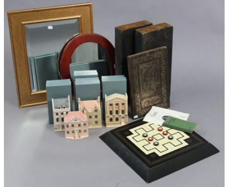 Four Ann Richards architectural miniature models, boxed; together with two wall mirrors; a carved wooden plaque; two large bl