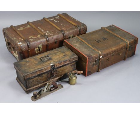 Two travelling trunks, 36” &amp; 29½” wide; a wooden trunk, 24” wide; six various carpenter’s planes, etc.