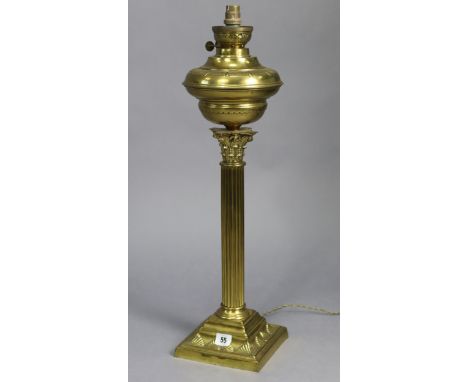 A Corinthian-style tall brass oil table lamp converted to electricity (lacking shade), 25½” high.