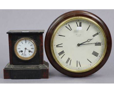A late 19th/early 20th century mantel clock with black Roman numerals to the white enamel dial, &amp; in black slate case, 8¾