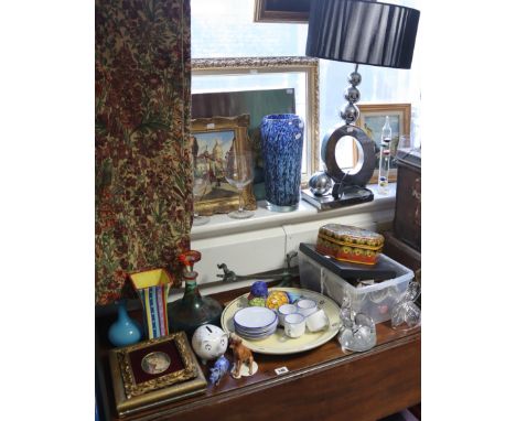 A chrome-plated table lamp with shade; two glass vases; various items of cutlery, etc.