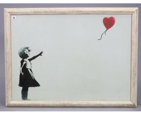 A coloured print after Banksy (girl with balloon) on canvas, 25½” x 35½”, in a glazed frame (one small area of damage to canv