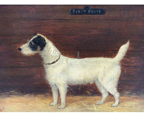 English School 19th Century, "First Prize", a study of a terrier, oil on board, inscribed, in gilt frame. 18 x 22cm.