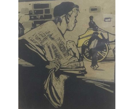 William Nicholson coloured lithograph - The Paper Boy, from London Types, 1898, published by Heinemann, 27cm x 24cm, in glaze