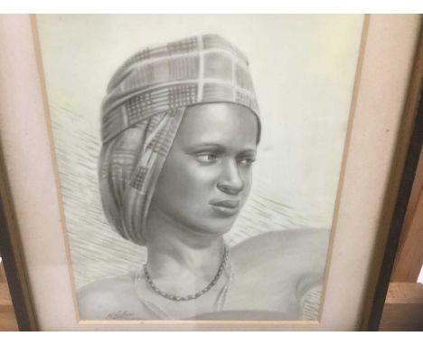 1950s ink and watercolour on ivorine panel - portrait of a young African lady, signed and dated '53, 17.5cm x 13cm, in glazed
