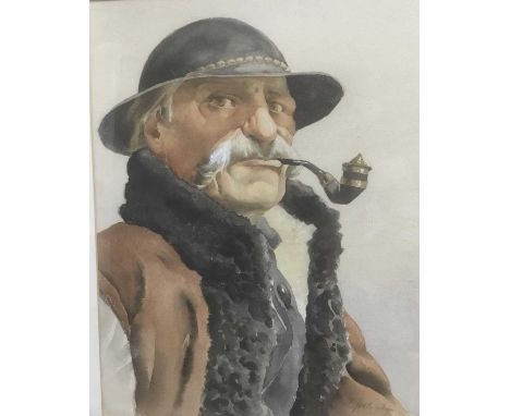 Continental School, watercolour - portrait of a Tyrolean pipe smoking man, indistinctly signed, 41cm x 31cm, in glazed frame