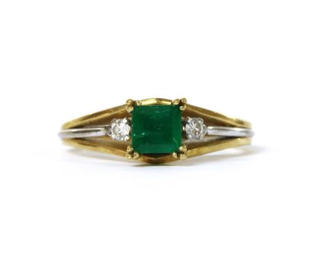 A two colour gold emerald and diamond ring, with a square step cut emerald, claw set in yellow, with a brilliant cut diamond 