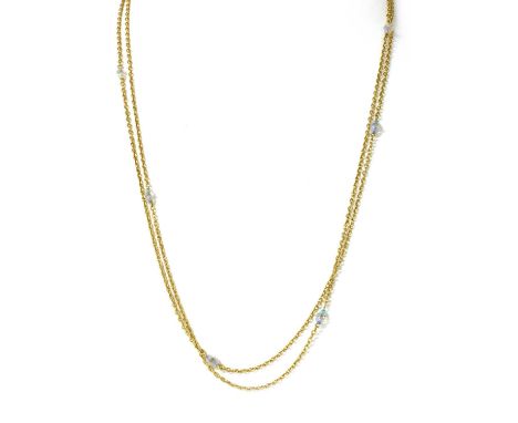 A French gold opal and rock crystal guard chain, c.1900, with faceted rock crystal rondelle beads, with hemispherical opal be