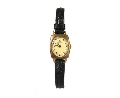 A ladies' gold Jaeger-LeCoultre 'Club' mechanical strap watch, with a tonneau shaped case with oval gilt dial, with black Ara