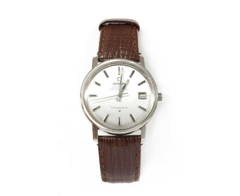 A gentleman's stainless steel Omega 'Constellation' automatic strap watch, 35mm diameter, with a silvered dial, baton hour ma