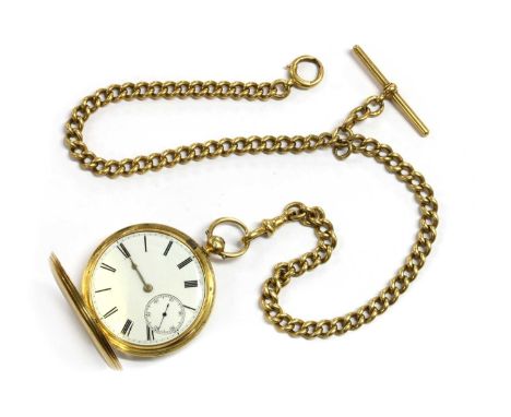 An 18ct gold key wound hunter pocket watch, 48mm diameter, with a white enamel dial, black Roman numerals, gold spade hands a