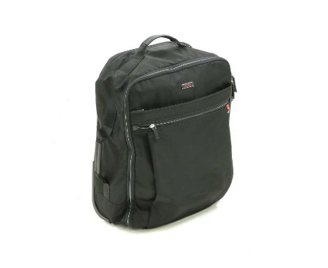 A Tumi wheeled holdall, retractable handle, silver-tone hardware, zip front pocket, opening to interior zipped pocket, with l