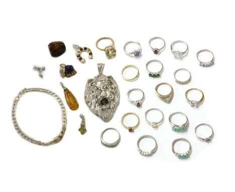 A quantity of silver and silver gilt gem-set jewellery, to include a silver gilt single stone fracture filled ruby ring, a fi